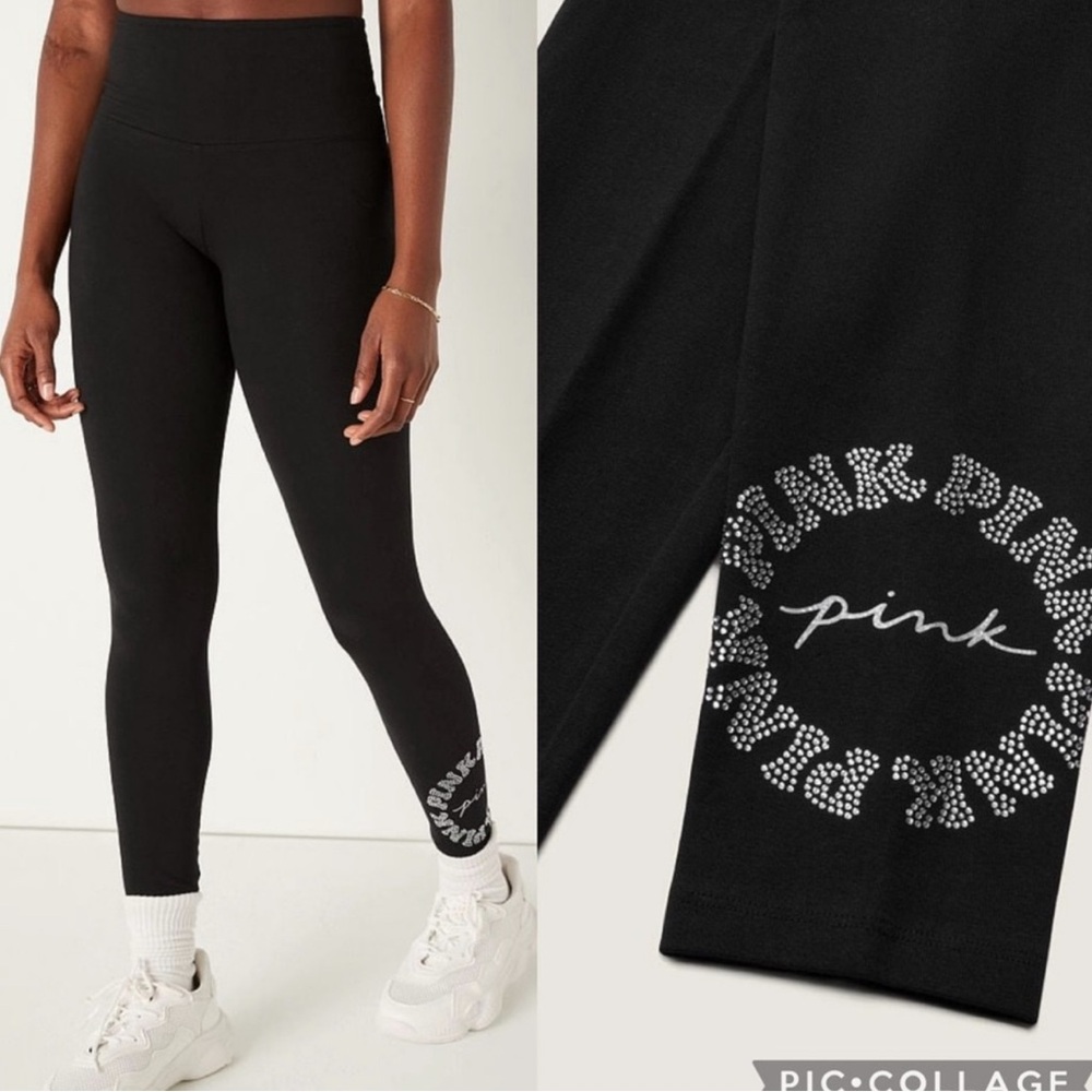 PINK COTTON HIGH-WAIST LEGGINGS rhinestone black medium NWT
